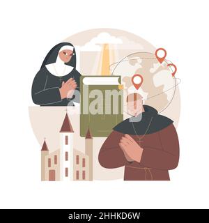 Christliche Pilgerfahrten abstrakte Konzept Vektor-Illustration. Gehen Sie auf Pilgerreise, besuchen sie heilige Orte, suchen sie gott, christliche Nonnen, Mönche im Kloster, Religiöse Prozession, Gebet abstrakte Metapher. Stock Vektor