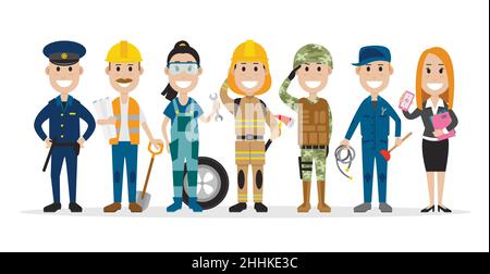 Gruppe von Menschen, die mit den verschiedenen Berufen wie Polizist, Baumeister und andere, Vektor-Illustration Stock Vektor