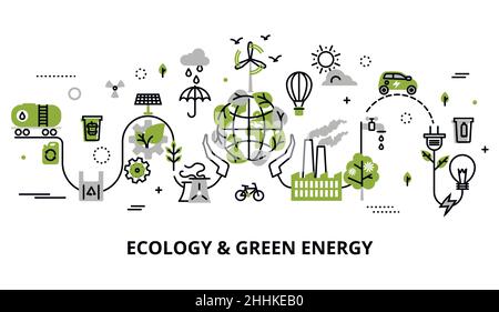 Moderne flache dünne Linie Design Vektor Illustration, Infografik Konzept der Ökologie Problem, Erzeugung und Einsparung von grüner Energie für Grafik-und Web-Design Stock Vektor