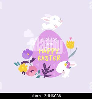 Niedliche Osterhasen und Ostereier. Frohe Feiertage Stock Vektor