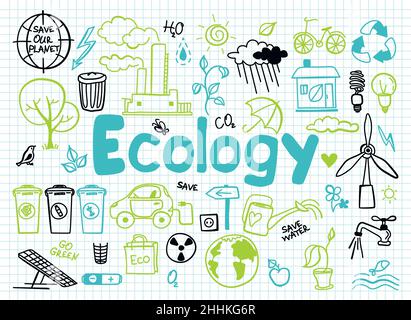 Handgezeichnetes Design Vektor Illustration, Set von Ökologie, Ökologie Problem und grüne Energie-Symbole in Doodle-Stil, für Grafik-und Web-Design Stock Vektor