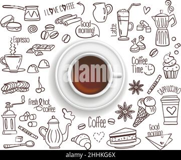 Handgezeichnetes Design Vektor-Illustration, Kaffeetasse mit Set von Kaffeetrink-Symbolen im Doodle-Stil, für Grafik und Webdesign Stock Vektor