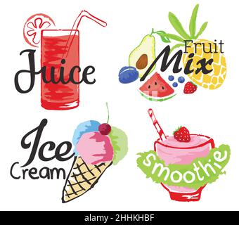 Set von Obst-Etiketten und Sticker. Vektorgrafik im Aquarellstil, für Grafik- und Webdesign Stock Vektor
