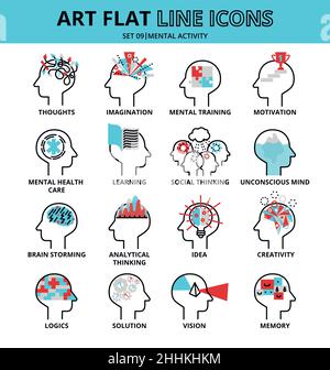 Satz von Symbolen für menschliche geistige Aktivität, flache Vektorgrafik mit dünnen Linien für Grafik- und Webdesign Stock Vektor