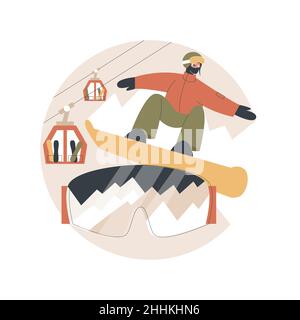 Abbildung des abstrakten Konzepts „Boarding“. Wintersport, Outdoor-Aktivität, Snowboardhelm und -Brille, Bergurlaub, Extremsport, Alpinski, Freestyle Rider, Abstrakte Metapher des Schnees. Stock Vektor