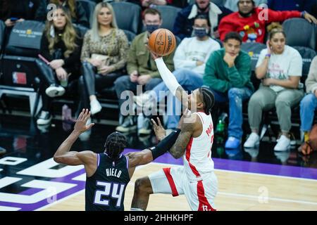 Kevin Porter Jr (3), Wächter der Houston Rockets, treibt den Ball beim NBA-Spiel zwischen den Houston Rockets und Sacarmento Kings am Freitag, den 14. Januar 2022 im Stockfoto