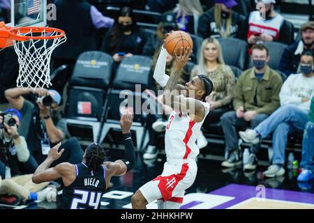 Kevin Porter Jr (3) schießt den Ball beim NBA-Spiel zwischen den Houston Rockets vs Sacarmento Kings am Freitag, den 14. Januar 2022 im Stockfoto