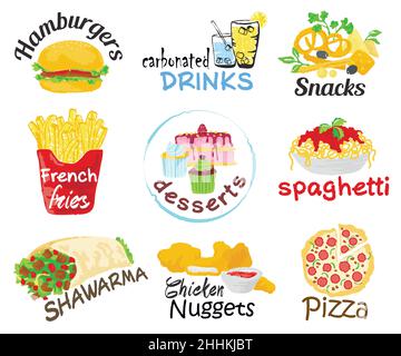 Set von Fast Food. Vektorgrafik im Aquarellstil, für Grafik- und Webdesign Stock Vektor