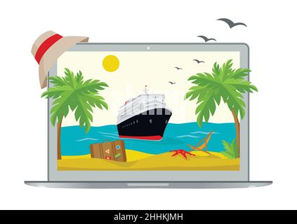 Schiff in Strandnähe im Laptop-Monitor, reist abstraktes Konzept, 3D isometrische Vektor-Illustration für Web-Design Stock Vektor