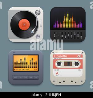 Equalizer-Symbole für Vinyl-, Kassetten- und Sound-Musik-Player. Anwendungsschnittstelle realistische Vektor-Quadrat-Symbole mit Vinyl-Discs Plattenspieler, Kassette Stock Vektor