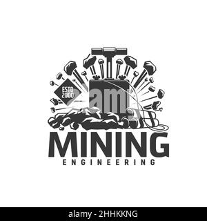 Symbol für die Bergbautechnik. Vector Kohlebergwerk Dynamit Sticks und vintage Detonator Kolbenkasten, Power Explosion mit Mineralgestein. Bohrer in der Bergbauindustrie Stock Vektor