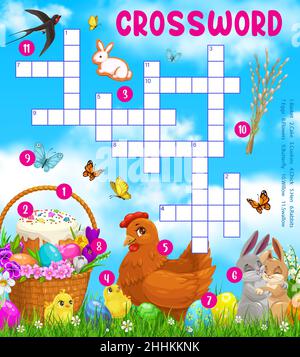 Ostern Urlaub Zeichen Vektor Kreuzworträtsel Spiel Raster. Finden Sie ein Wort Quiz Arbeitsblatt Vorlage von Kindern Bildung, Karikatur Kreuzwortschein mit Osterbun Stock Vektor