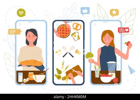 Menschen Kochen und Backen Online-Vektor-Illustration. Cartoon-Frau Bloggerin hält frisches Brot und Kuchen, schneiden Gemüse auf dem Bildschirm des Mobiltelefons. Kochshow, Kochkanal, Konzept des Meisterkurs Stock Vektor