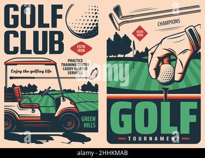 Vintage-Poster für Golfsport. Golf Club Turnier oder Meisterschaft, Sport Training Center Retro Banner mit flagstick auf Golfplatz, Ball in Spieler ha Stock Vektor