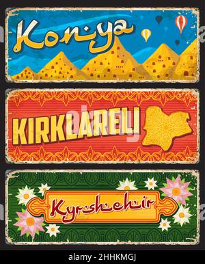 Konya, Kirklareli und Kyrshehir il, Türkei Provinzen Platten oder Vintage-Banner. Vector gealterte Reisezielschilder. Retro-Grunge-Bretter, abgenutzter Schild Stock Vektor