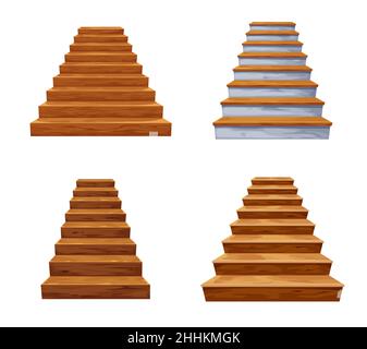 Cartoon isolierte Holz- und Steintreppen, Holztreppe und Treppe. Moderne Treppenfluge ohne Geländer, dekorative Holztreppen und Felsenleiter Stock Vektor