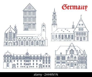 Architektur in Deutschland, Sehenswürdigkeiten in Celle und Hildesheim, Reise-Vektor-Sightseeing. Schloss Celle, Synagoge und Stadtkirche, Hildesheimer rathaus und Hilde Stock Vektor