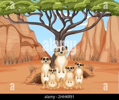 Wüstenhintergrund mit einer Gruppe von Erdmännchen Illustration Stock Vektor