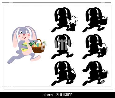 Logikspiel für Kinder finden den richtigen Schatten. Ein Hase mit einem Korb mit Ostereiern. Vektor auf weißem Hintergrund isoliert Stock Vektor