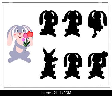 Logikspiel für Kinder finden den richtigen Schatten. Ein Hase mit Blumen. Vektor auf weißem Hintergrund isoliert Stock Vektor
