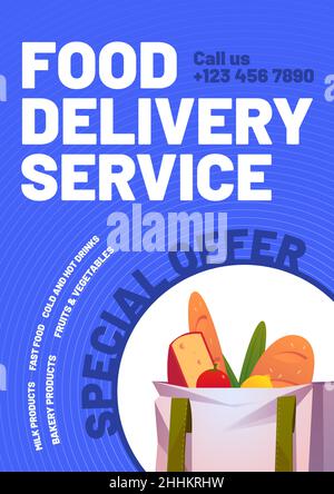 Poster zum Lieferservice. Sonderangebot für Bestellungen im Restaurant oder Geschäft mit schnellem Versand. Vektor-Banner mit Cartoon-Illustration von Baumwolltasche voller Produkte, Brot und Gemüse Stock Vektor