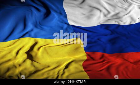 Ukraine - Russland kombiniert Flagge | ukrainische und russische Konfliktspannung | Waffenstillstand, Einheit, Frieden, Kriegsbeziehungen Konzept - 3D Illustration Stockfoto