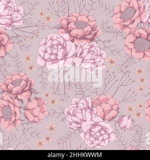Nahtloses Muster mit floralem Motiv. Rosen und Pfingstrosen Hintergrund. Rosa Blüten und grauer Zweig mit Blättern. Handgezeichneter botanischer Vektordruck. Für des Stock Vektor