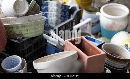 Viele leere und keramische Töpfe zum Anpflanzen von mit Schmutz bedeckten Pflanzen Stockfoto