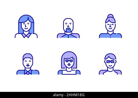 Line Art Simple User Profile Icons gesetzt. Mädchen, Jungen und Berufskräfte. Pixel perfekt, bearbeitbarer Strich, farbig Stock Vektor