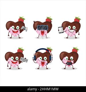 Erdbeer Schokolade Liebe Cartoon-Figur spielen Spiele mit verschiedenen niedlichen Emoticons. Vektorgrafik Stock Vektor