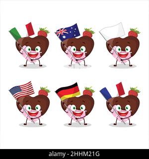 Erdbeer Schokolade Liebe Zeichentrickfigur bringen die Flaggen der verschiedenen Länder. Vektorgrafik Stock Vektor
