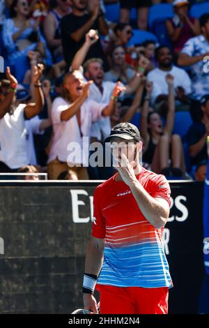 Melbourne, Australien. 25th Januar 2022. Tennis: Grand Slam - Australian Open, Doppel, Männer, Viertelfinale: Kokkinakis/Kyrgios (Australien) - Pütz/Venus (Deutschland/Neuseeland). Tim Pütz reagiert enttäuscht. Quelle: Frank Molter/dpa/Alamy Live News Stockfoto