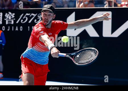 Melbourne, Australien. 25th Januar 2022. Tennis: Grand Slam - Australian Open, Doppel, Männer, Viertelfinale: Kokkinakis/Kyrgios (Australien) - Pütz/Venus (Deutschland/Neuseeland). Tim Pütz ist im Einsatz. Quelle: Frank Molter/dpa/Alamy Live News Stockfoto