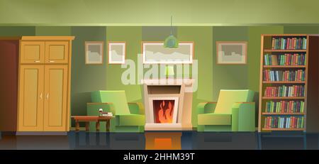 Zimmereinrichtung mit Kamin, Sesseln, Kleiderschrank und Bücherregalen. Abendzeit und sanftes Licht der Lampe. Gemütliches Wohnzimmer mit Möbeln und Painti Stock Vektor