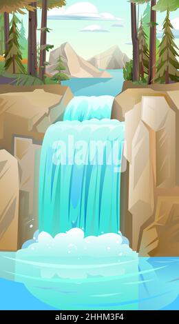 Wilde Landschaft mit Wasserfall zwischen Felsen. Kaskade schimmert nach unten. Fließendes Wasser. Schöner Cartoon-Stil. Flaches Design. Vektor. Stock Vektor