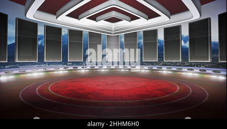 Moderner, virtueller Hintergrund von Studio-TV-Shows, ideal für tv-Nachrichtensendungen oder Live-Events. 3D Rendering Backdrop geeignet für VR-Tracking-System Bühnenbilder, wi Stockfoto