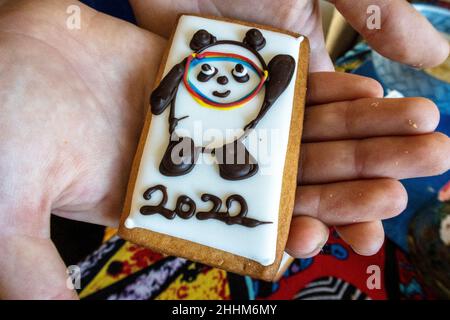 Peking, China. 25th Januar 2022. Kuchen mit Bing Dwen Dwen, Maskottchen der Olympischen Winterspiele in Peking, China am 25/01/2022 Konditoren in der chinesischen Hauptstadt haben Kuchen mit olympischen Ringen, olympischen Logos sowie Symbolen der einzelnen olympischen Wintersportarten zur Feier der bevorstehenden Spiele auf den Markt gebracht. Von Wiktor Dabkowski Credit: dpa/Alamy Live News Stockfoto