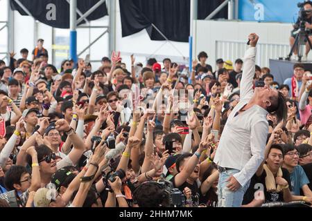 07. August 2015 - Südkorea, Incheon : die amerikanische Rockband Steel Heart spielt auf der Bühne während des Pentaport Rock Festivals 10th in Incheon, Südkorea. Stockfoto