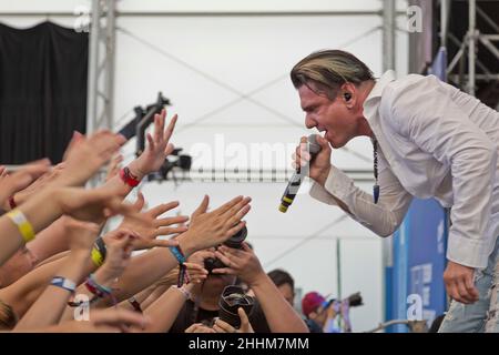 07. August 2015 - Südkorea, Incheon : die amerikanische Rockband Steel Heart spielt auf der Bühne während des Pentaport Rock Festivals 10th in Incheon, Südkorea. Stockfoto