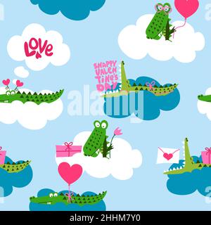 Valentinstag Krokodil Muster-Design mit mehreren Alligatoren - lustige handgezeichnete Doodle, nahtlose Muster. Entzückende Charaktere. Handgezeichneter Doodle se Stock Vektor
