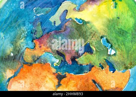 Aquarellkarte von Europa und Afrika. Aquarelle-Illustration. Stockfoto