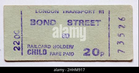 Ticket für die Londoner U-Bahn der Vintage 1970s - Bond Street Stockfoto