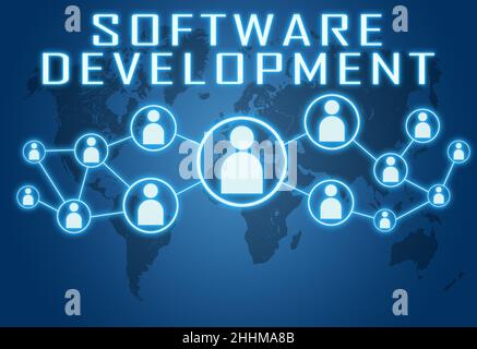 Software Development - Textkonzept auf blauem Hintergrund mit Weltkarte und sozialen Symbolen. Stockfoto