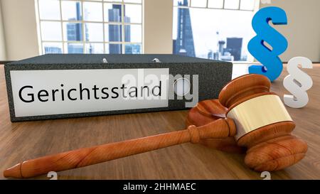 Gerichtsstand - deutsch Wort für Gerichtsstand - Text auf Aktenmappe mit Gerichtshammer und Absatzsymbolen auf einem Schreibtisch - 3D Darstellung wiedergeben Stockfoto