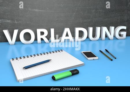 Einladung - wort für Vorladung oder Vorladung - Textkonzept mit Tafel, Notizbuch, Stiften und Handy. 3D Darstellung rendern. Stockfoto