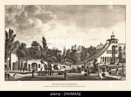 Blick auf die riesige Achterbahn in Belleville in Paris, 1817. Die Vergnügungsgärten hatten auch ein Riesenrad und Schaukeln. Les montagnes de Belleville. Apres une Gravure en couleur dessinee par Garnerey, 1817. Lithographie von Henry Rene d’Allemagne’s Recreations et Passe-Temps, Games and Pastimes, Hachette, Paris, 1906. Stockfoto