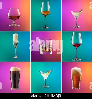 Set aus Gläsern mit verschiedenen alkoholischen Getränken und Cocktails auf einem rosa-blauen Hintergrund in Neonlicht. Konzept für alkoholfreie Getränke. Stockfoto