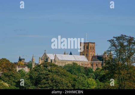 Blick auf die Skyline der St Albans Kathedrale vom Verulamium Park, St Albans, Hertfordshire, Großbritannien Stockfoto