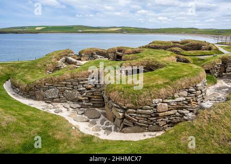 Neolithische Siedlung von Skara Brae neben der Bay of Skaill in der Nähe von Sandwick auf dem Festland Orkney in Schottland Stockfoto