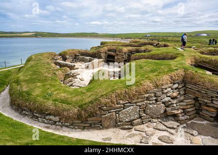 Neolithische Siedlung von Skara Brae neben der Bay of Skaill in der Nähe von Sandwick auf dem Festland Orkney in Schottland Stockfoto